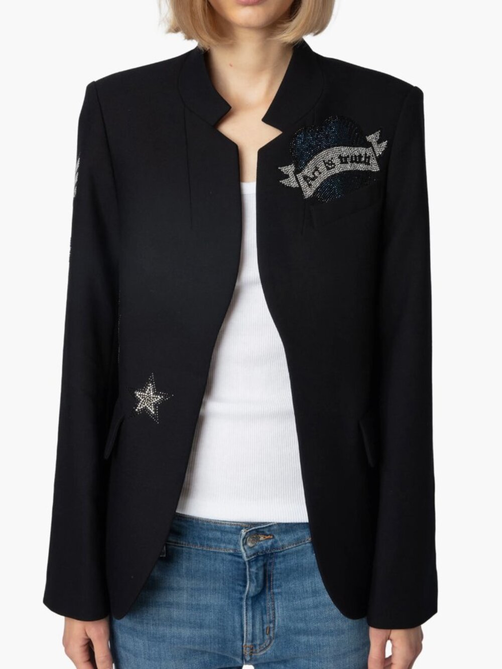 Zadig & Voltaire " Very Bis" Art is Truth Rhinestone Open Front Blazer Jacket
